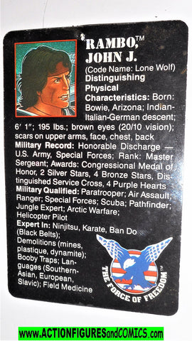 RAMBO action figures JOHN RAMBO vintage file card 1986 force of freedom